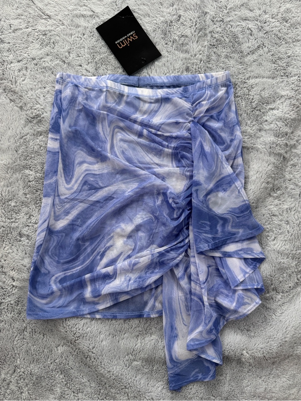 Naked Wardrobe Swim Mesh Ruched Ruffle Mini Skirt Marble Swirl Blue Medium